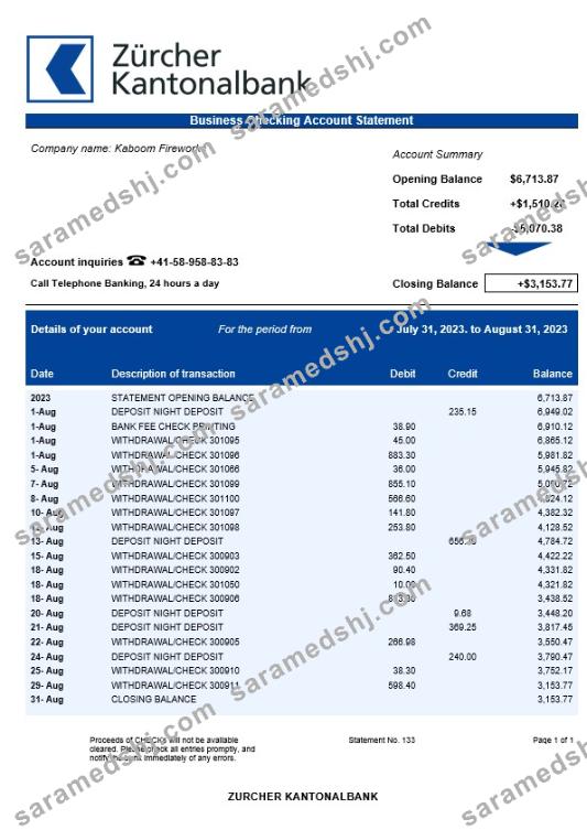 Zürcher Kantonalbank business statement Word and PDF template
